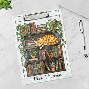 Personalized Teacher Clipboard, Holographic Cat & Books Acrylic Clipboard, Cute Teacher Desk Accessory, Custom Teacher Gift, Back to School Clipboard
