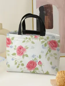 Floral Pattern Handbag Lunch Bag, Tote Lunch Bag, Women's Casual Shoulder Bag, Large Capacity Picnic Food Drink Bag, All Seasons, Valentine's Day Gift