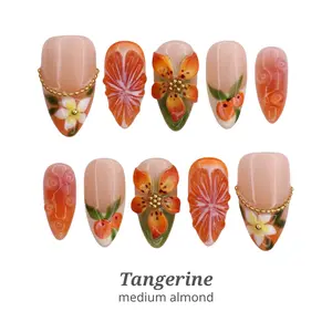 Lilynailsart | Tangerine Press On Nails - Citrus Fruit & Orange Blossom Summer Nails - Medium Almond