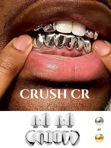 CRUSH CR 3pcs 14K Gold Plated Copper Vampire Fangs Wolf Teeth Grillz, Fake Teeth, Silver & Gold Finish – Hip-Hop Tooth Jewelry for Unisex, Female, Girls, Men & Boys. Perfect for Parties, Halloween, Cosplay & Gifts, Horror Cosplay, Raves, Gothic Party