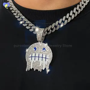 Hip Hop Necklace Exaggerated Frozen Expression Face Pendant With 12mm Cuban Chain Iced Out Jewelry For Man Woman