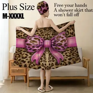 Leopard Print with Pink Bow Shower Skirt & Matching Head Wrap Set, Plus Size M - XXXXL, Hands - Free Non - Slip Bath Wrap for Valentine’s Day, Daily, Spa & Home, Cute Bow Design, Comfortable & Stylish