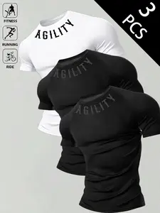 3 PCS Men's AGILITY Graphic Fitted Workout T-Shirts, Quick-Dry Stretch Athletic Tees for Gym, Running & Cycling, Breathable Athleisure Tops, Streetwear Casual Daily Outfits  Fitness T-Shirt