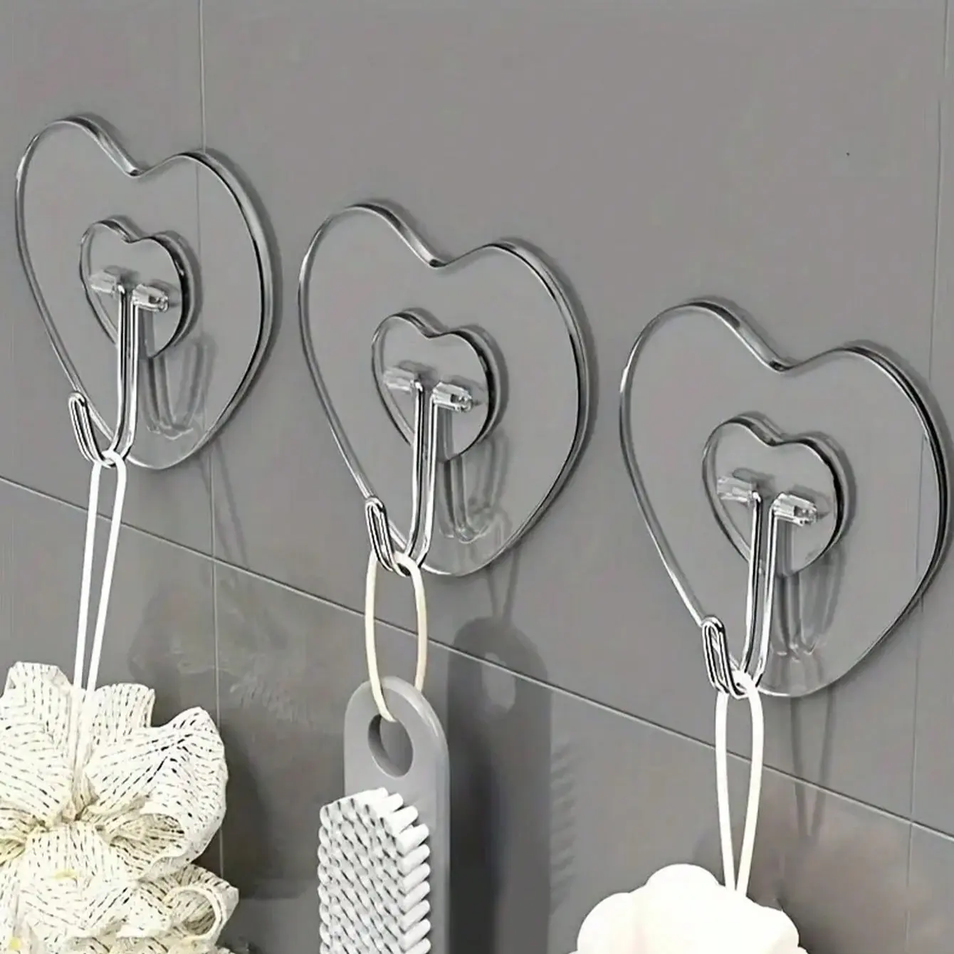 Transparent Plastic Heart-Shaped Hooks, Strong Suction Cups, Self-Adhesive, Wall Mounting, for Bags, Clothes, Hats, Bathroom Kitchen Room Use