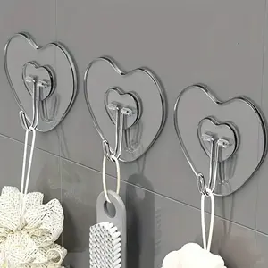 Transparent Plastic Heart-Shaped Hooks, Strong Suction Cups, Self-Adhesive, Wall Mounting, for Bags, Clothes, Hats, Bathroom Kitchen Room Use
