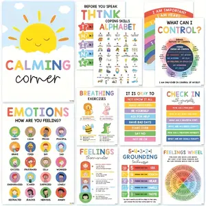 Emotional Wellness Posters 12 Calm Corner Wall Art Graphic Prints Featuring Feelings Wheel and Coping Strategies Ideal for Classroom Decor Counseling Office Therapy Space and Home Mindfulness Corner