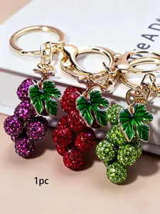 Full-Rhinestone Grape Bag Charm Multi-Colored Rhinestones + Enamel Leaf Design Light Luxury & Niche Playful Fruit Theme For Bags, Keys, And Earphone Cases Friend Charms & Couple Charms, Stylish Playful Charm