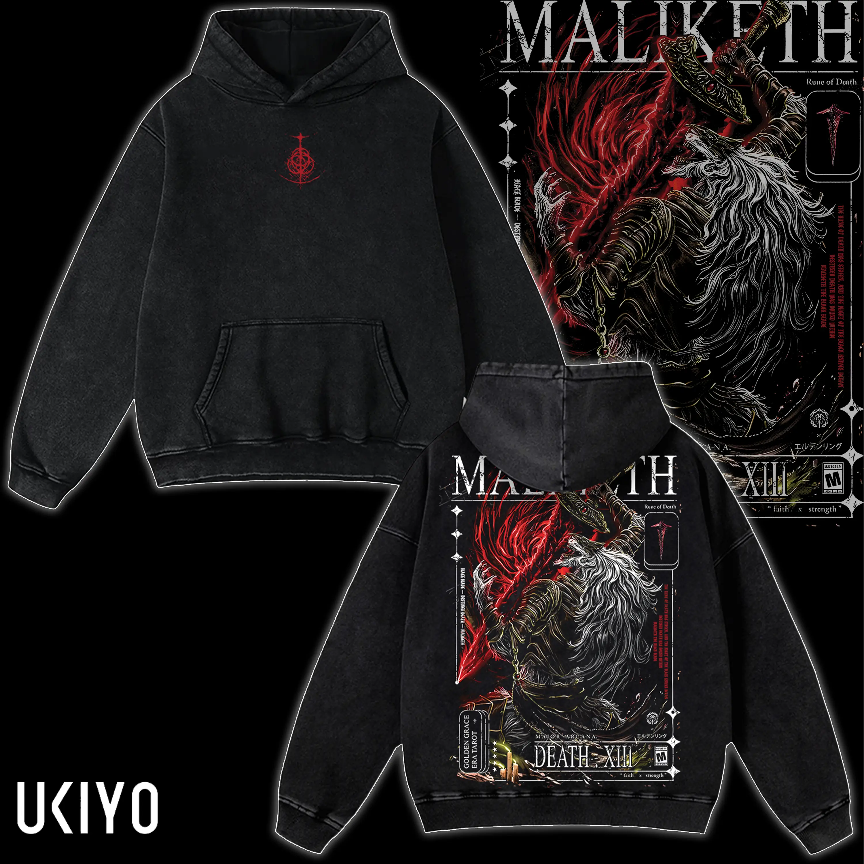 Elden Ring Maliketh Washed Hoodie T-shirt Blade Tarot Death XIII Graphic Pullover Vintage Heavyweight Cotton Oversized Sweatshirt Gaming Merchandise.