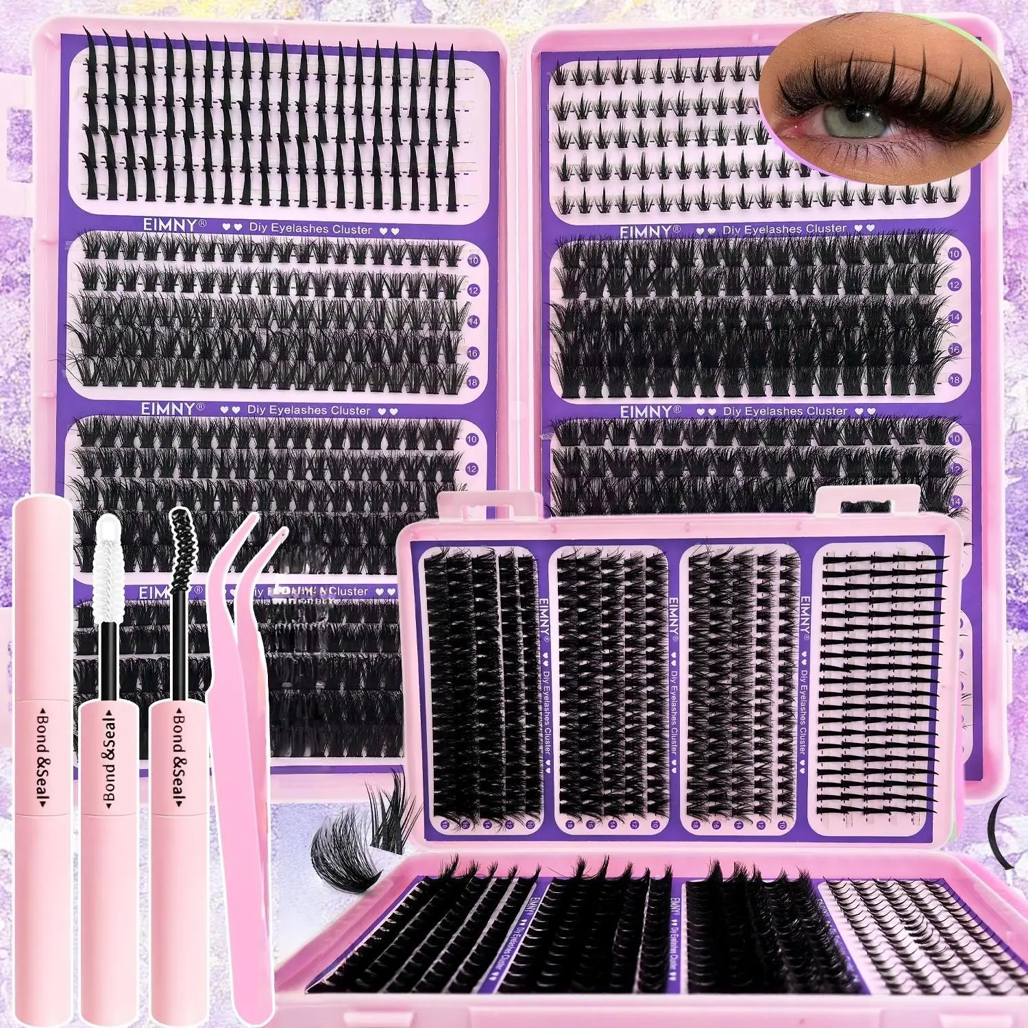 1600/800/640/320Pcs Lash Clusters, Includes Spiky and Bottom Lashes, 40D+60D+80D+100D+110D+120D Mixed Style Volume Eyelash Clusters single box/with Glue, Tweezers and Brush, D Curl 3D Individual Wispy Eyelash,  Dense Thickened Lash for DIY