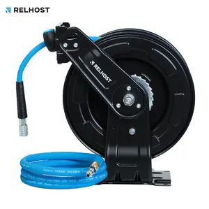 Relhost Retractable Air Hose Reel, 65ft/50ft 3/8" Hybrid Hose 300 PSI Rated Auto Rewind Dual-Arm Steel Design 180° Swivel Mount for Garage Workshop Pressure Hose Reel Heavy Duty Hose