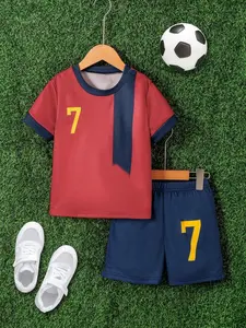 Teen Boy Football #7 Print Short Sleeve Round Neck T-Shirt and Shorts Set, Summer Outdoor Sports Casual Wear, Back to School, Soccer Jerseys
