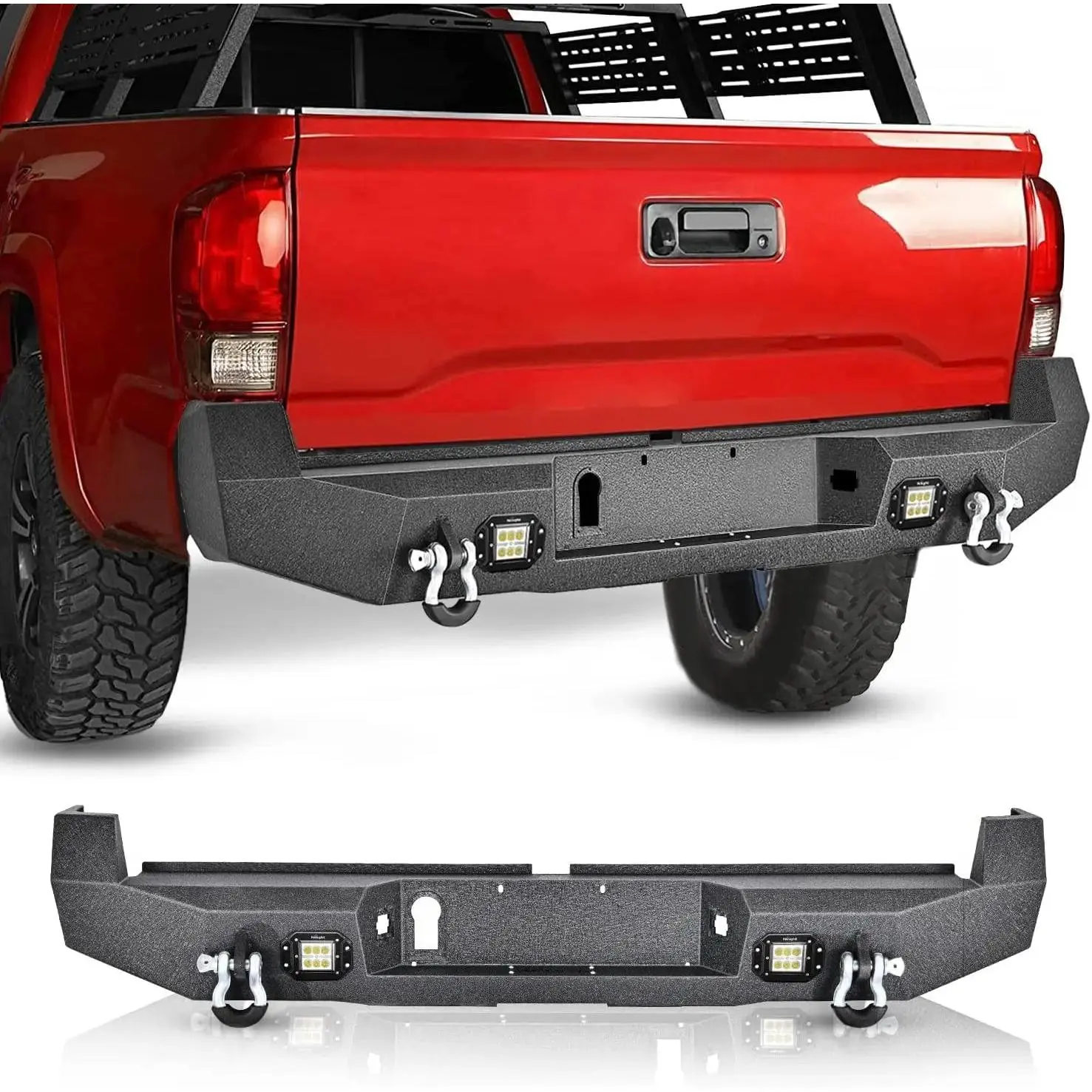 Nilight Full Width Rear Bumper for 2016-2024 Toyota Tacoma, Textured Black Solid Off-Road Bumper with 2 Upgraded 18W LED Lights, 4.75ton D-Ring Isolators, 2in x 0.120in Steel Tubing, Bolt-On Installation, Sheet Protection, D-Rings & Isolators