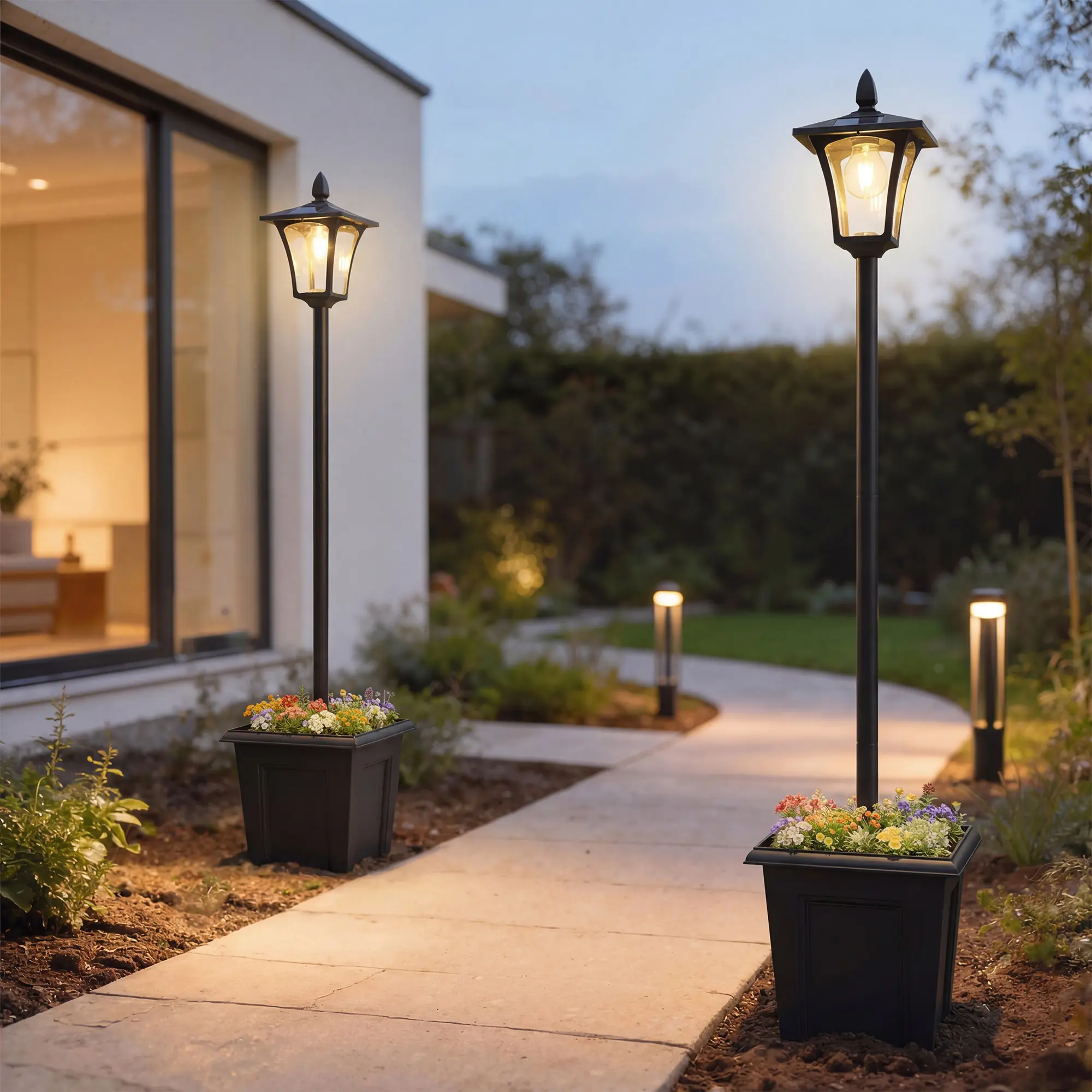 2-Pack 63" Black Solar Lamp Post Lights - Waterproof LED Solar Light Posts with Planter for Outdoor Home Improvement Lighting