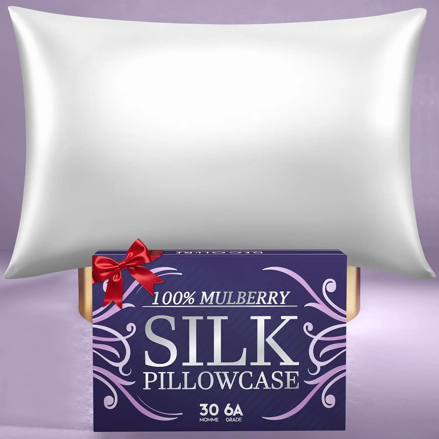 Pure Mulberry Silk Pillow Case Standard Size - Highest Grade 30 Momme 6A+, Luxuriously Soft & Cooling Silk Pillowcase for Hair & , , Breathable,  Zipper (White)