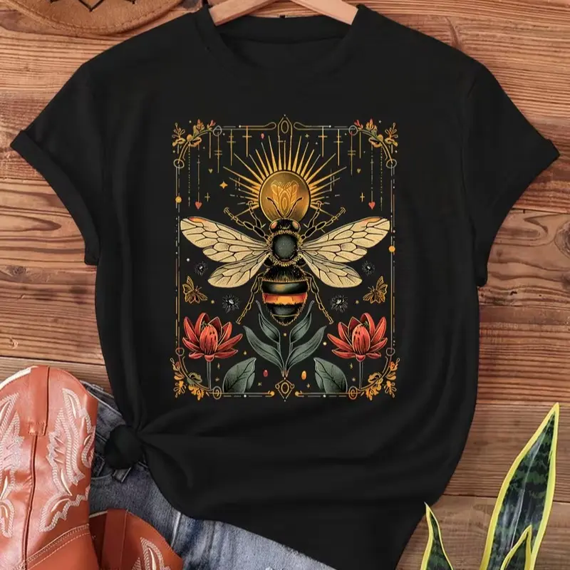Beekeeper . Print T-shirt, Short Sleeve Crew Neck Casual Top for Summer & Spring, Women's Clothing