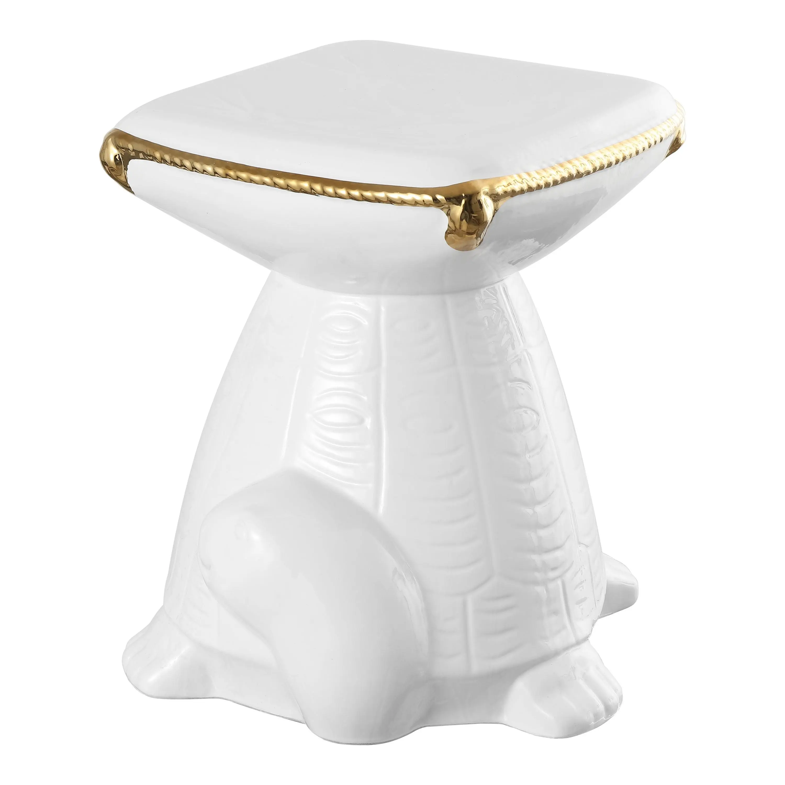 Caspian 14.75in Decorative Modern Bohemian Ceramic Turtle Stool, Glaze Finish, Gold Accent, Indoor-Outdoor Garden Furniture