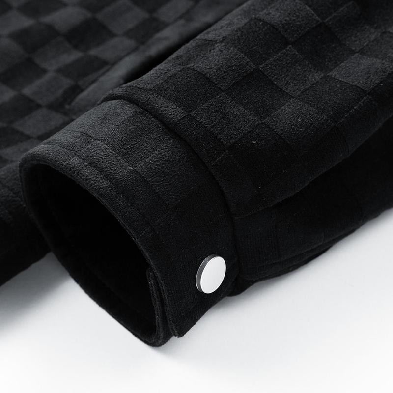 Men's Black Patterned Suede Fleece Jacket with Chest Flap Pockets & Button Closures for Autumn Wear - Stylish & Practical Tops - Aesthetics - Fashion