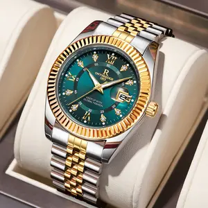 Men’s Elegant Fluted Bezel high-end men Quartz Wristwatch - 2-Tone Gold-Silver Band, Green Rhinestone large round Dial, Waterproof, Luminous, Ideal Gift for Businessmen, TikTok Top-Selling Fashion Accessory