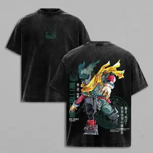 Mens Womens My Hero Academia Izuku Midoriya Deku Mask Logo Chest Print Vintage Washed Oversized Cotton T-Shirt Casual Anime Streetwear Short Sleeve Top
