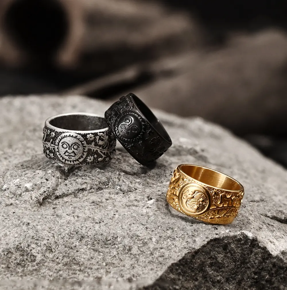 GTHIC Sun Moon and Stars Stainless Steel Band Ring for Men Fashion Accessory Daily Wear