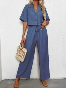 Women's Summer Casual Set, Loose Wide Leg Pants + Button Front Cardigan Top Two-Piece, Comfortable Versatile for Commuting & Leisure