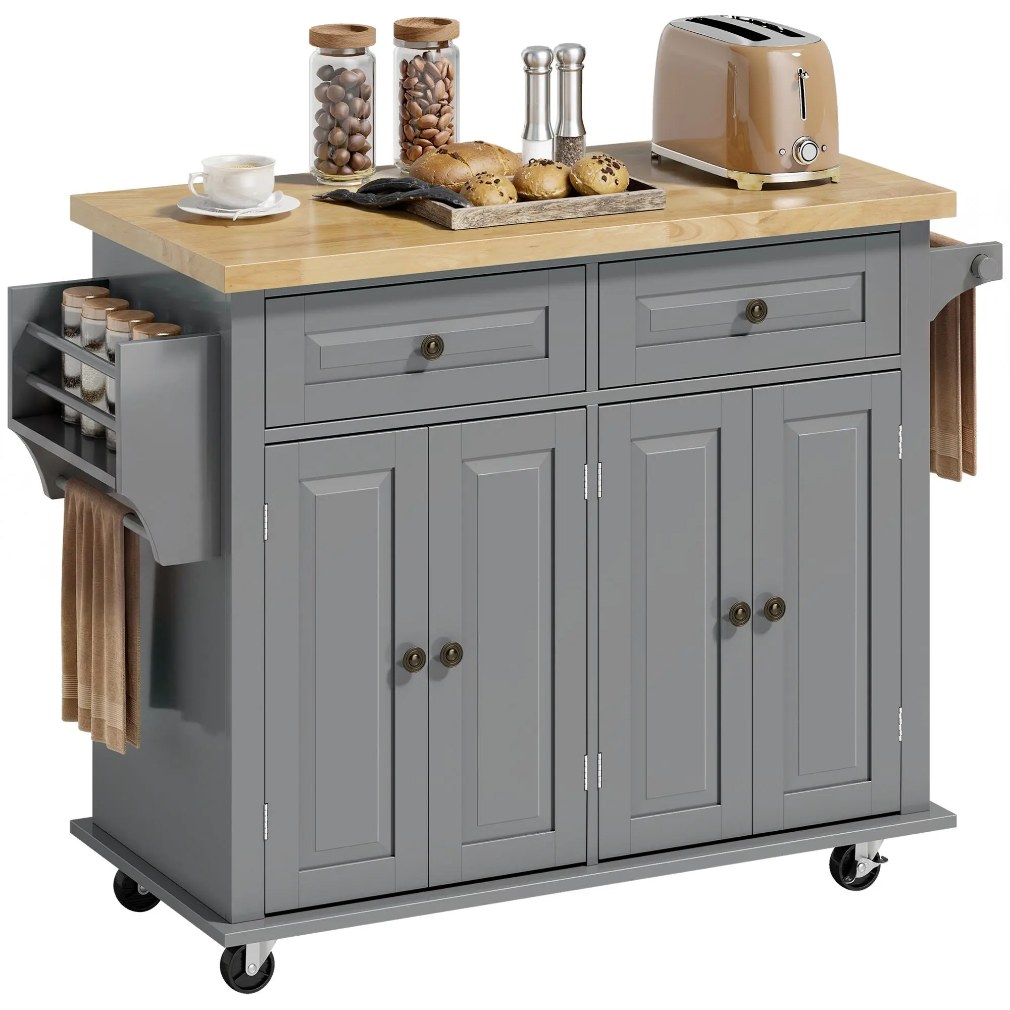 44" Rolling Modern Kitchen Island Table with Locking Casters, Adjustable Shelves, Towel Bar, Countertop Cabinets for Coffee Station, Gray, Modern Kitchen Cabinets