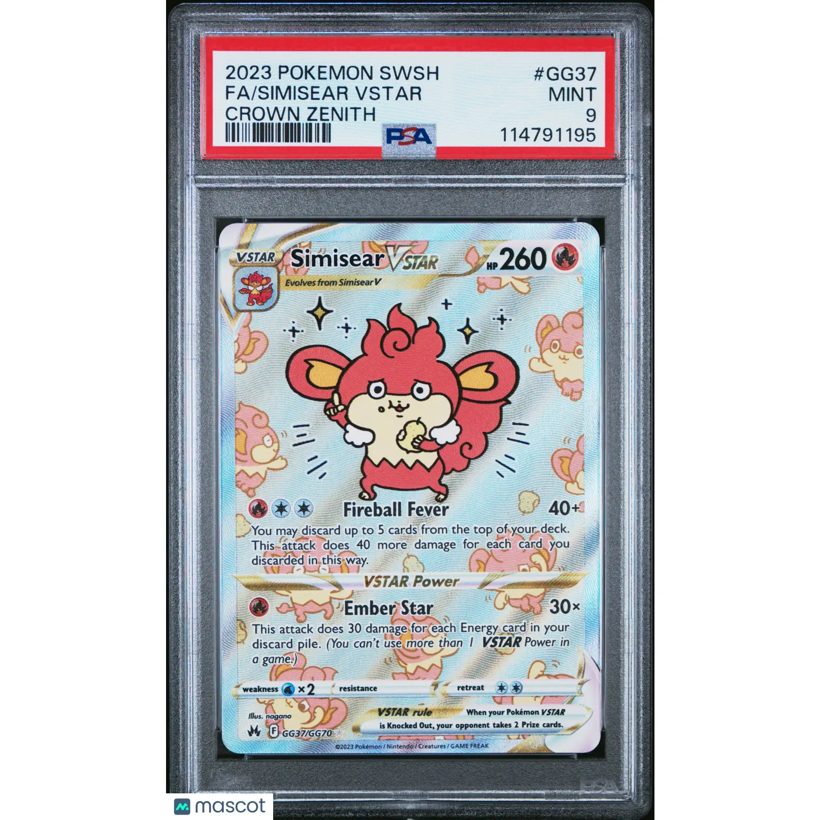 2023 Pokemon Sword And Shield Crown Zenith #GG37 Full Art Simisear VSTAR PSA 9