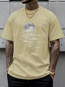 Men's Full Moon Reflection T-Shirt, Casual Comfort Summer Fashion, Unique Pattern Design, Trendy Street Style, Long Loose-Fit Top