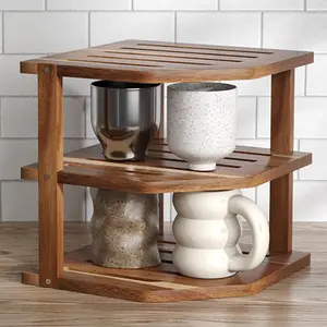 VERTORGAN 3 Tier Acacia Wood Corner Shelf,Dish Drying Rack,Plate Organizer,Kitchen Spice Rack for Countertop and Cabinet,Pantry Organization and Storage
