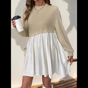 Women's Patchwork Drop Shoulder Sweatshirt Dress, Casual Long Sleeve Round Neck Asymmetrical Design Dress for Fall & Winter, Women's Clothes for Daily Wear