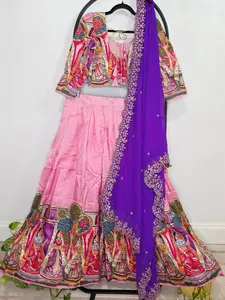 Luxury Munga Crepe Kalamkari Embroidery Border Half Saree Set for Juniors (Age 11+) | Pink & Purple Designer Half Saree |