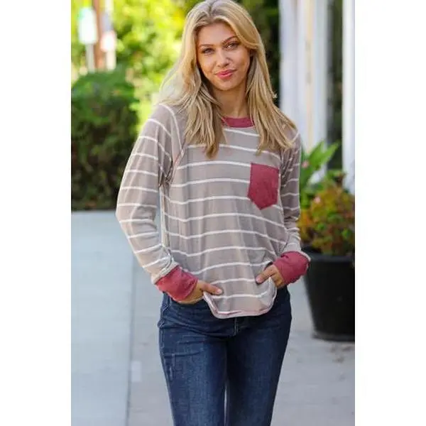 Taupe Stripe Raw Edge Pocket Top  {RTS}