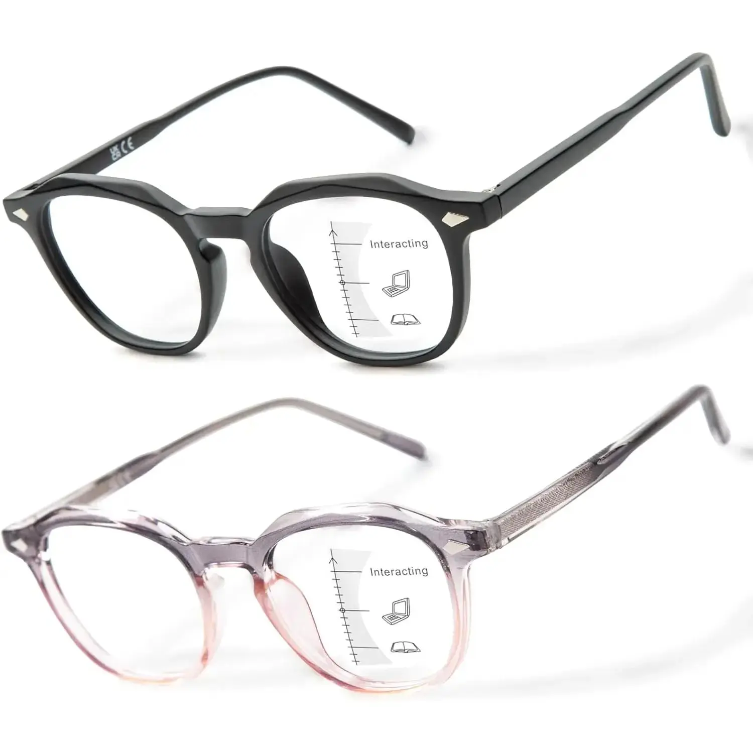 Progressive Multifocal Reading Glasses Multi-Pack, 2 Pairs of Ultra-Light Rectangular Readers for Men and Women