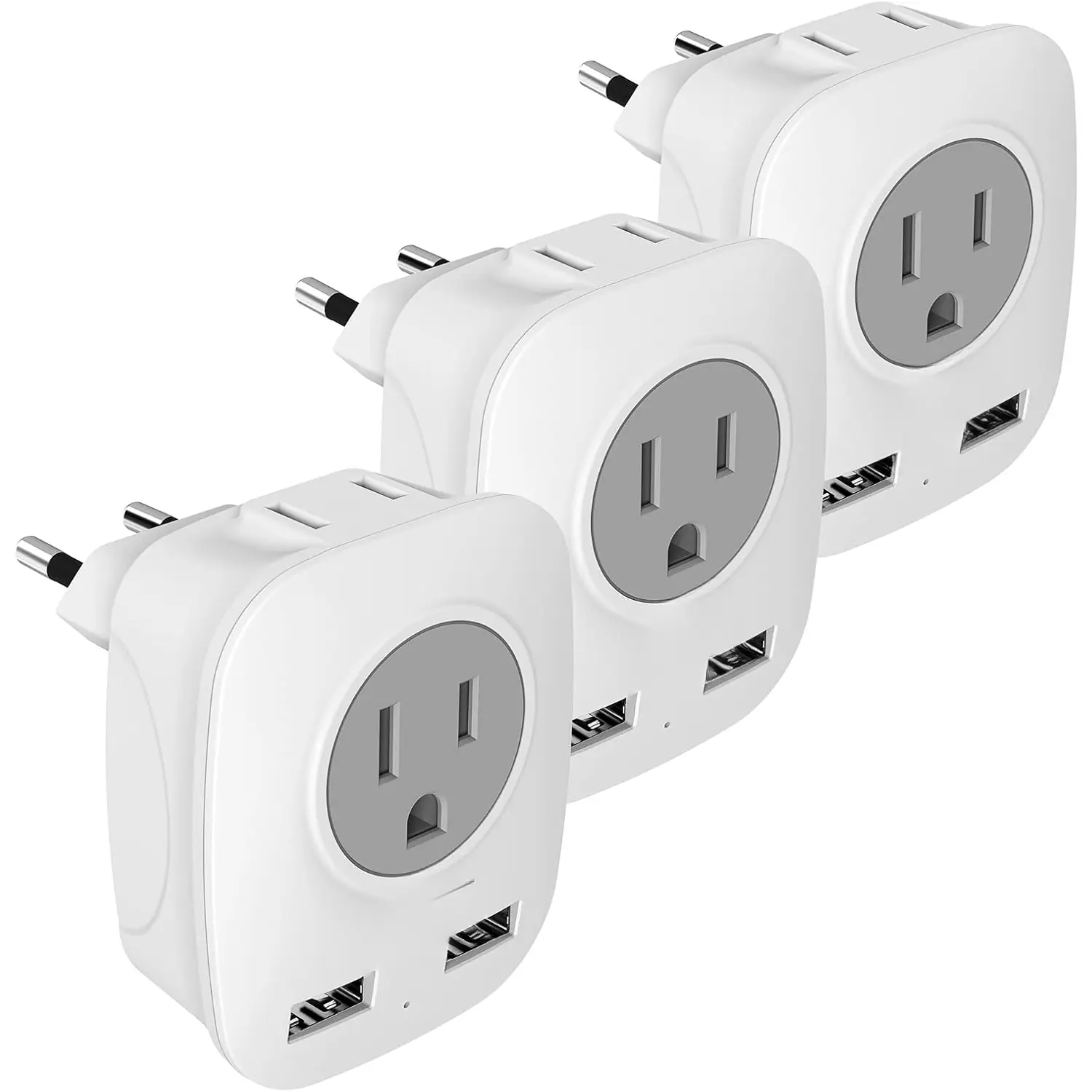 European Plug Travel Adapter 3 Pack,  International Power Adaptor with 2 USB, 2  Outlets, 4 in 1 Outlet Adapter  to  of  France  Spain Greece  Iceland (Type C)