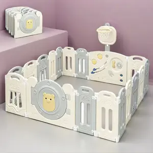Baby Playpen 18-Panel with Adjustable Basketball Hoop,Lock Door,Adjustable Game Panel,Foldable Toddlers Play Yard, 18-Panel Safety Kids Fence for Indoor & Outdoor,Baby Gate Activity Centre, Gray White