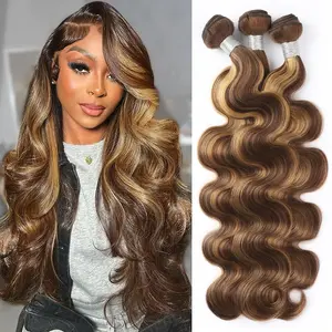 Gefily [14A]P4/27 Human Hair Bundles Highlight Body Wave Bundles Human Hair(20 22 24 26 inch)14A Grade Brazilian Virgin Hair Body Wave Brown with Honey Blondy Double Weft Weave for Women