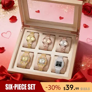 [Valentine’s Day Gift Luxury 6 Piece Women Watch Set] Gold Rose Gold Silver Round Square Dial Rhinestone Bracelet Quartz Watches Fashion Jewelry for Wife Mom Girlfriend Her