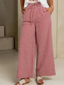 Women's Plaid Wide Leg Pants, Casual Loose Straight Fit, Drawstring Waist, Pockets, Home Sleepwear, Loungewear, Spring & Fall Fashion, Comfort, Cozy, Versatile, Wear, Style, Outfit, Essential, Trendy, Chic