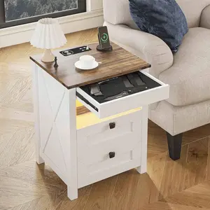 LED Nightstand  Gun Drawer Farmhouse Style Bedside Table  3 Color Smart Human Sensor Lights USB Type-C Wireless Charging Station White Wood Material Mirrored Console with Inlay Marble Dining Mobile Standing Desk Wheels