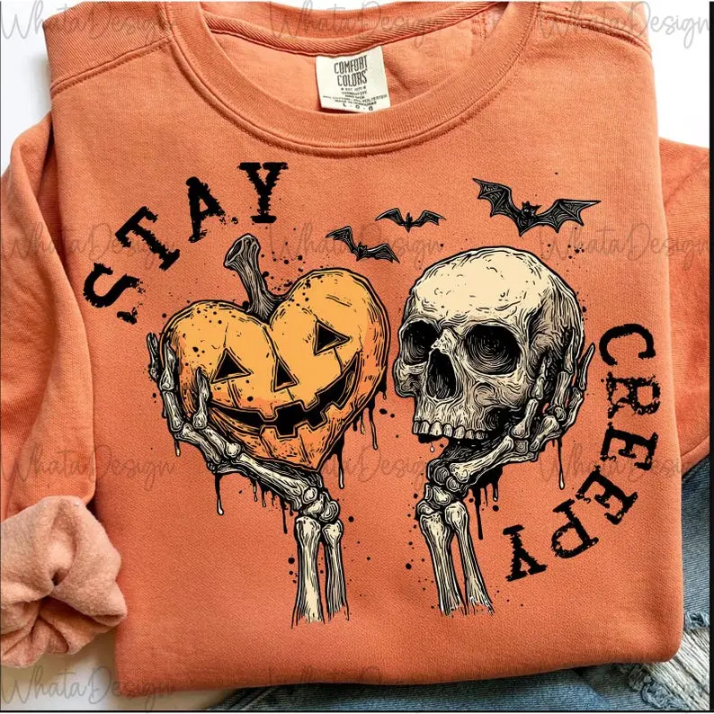 Women's Cotton Round Neck Casual T-Shirt - Retro Dripping Heart, Skeleton Hand Spooky Halloween Graphic, Comfortable Fit Fashion Top