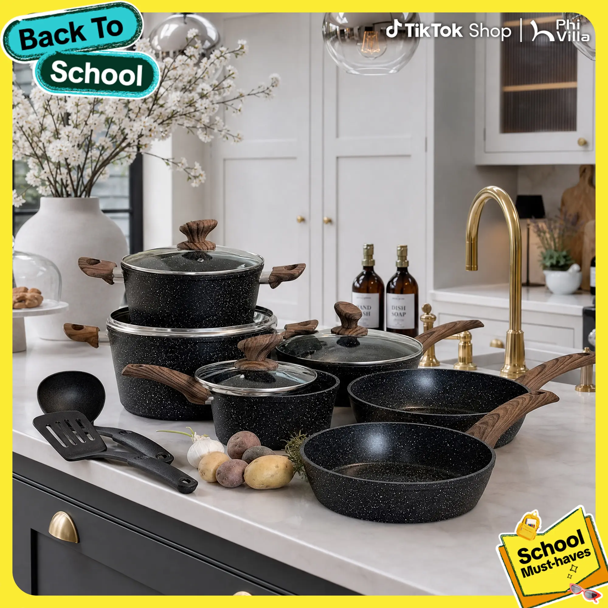 Kitchen Academy 12 Piece Premium Cookware/Dinnerware Set, Triple Coated Nonstick Pots and Pans Set, Aluminum Construction for Stovetop & Oven