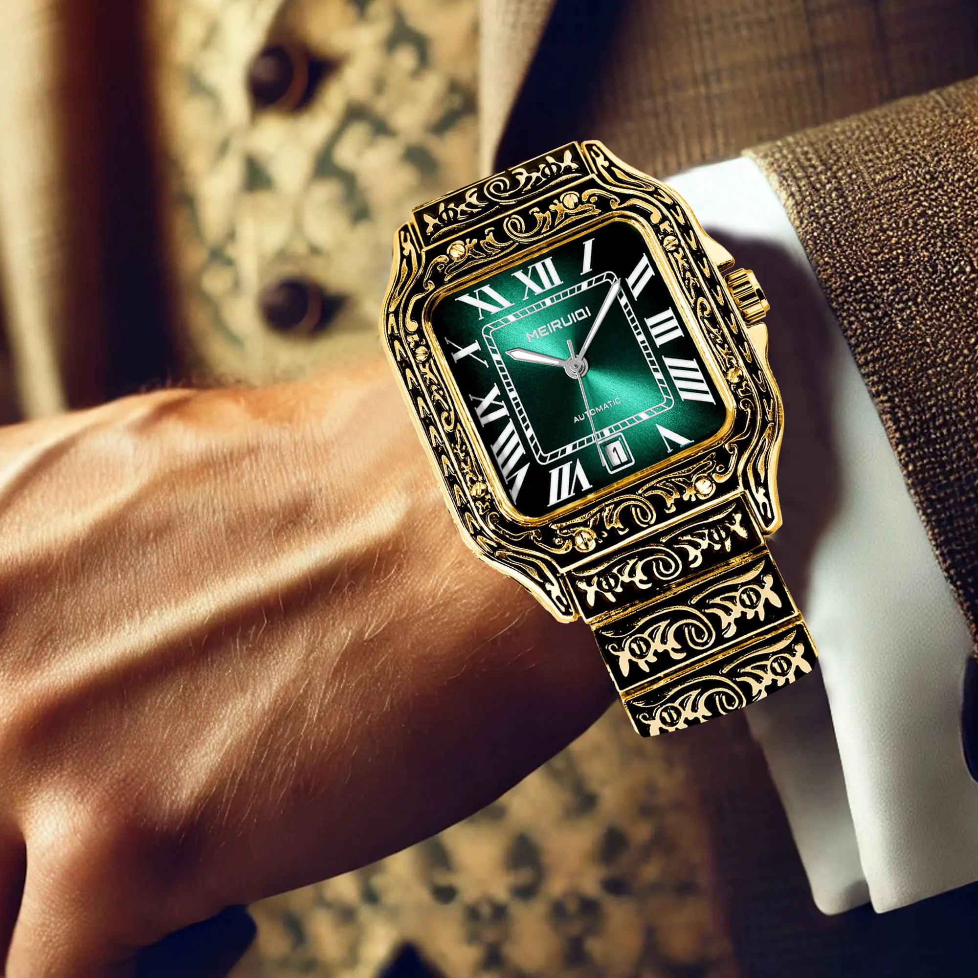 MEIRUIQI Luxury Men's Automatic Mechanical Watch - Rectangle Analog, Metal Engraved Gold & Black Case, Green Dial, Hardlex Glass, High-Quality Movement, Waterproof Fashion Men's Automatic Watch Jewelry