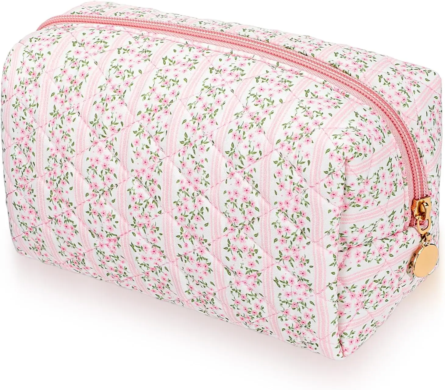 Makeup Bag Travel Cosmetic Bag for Women Girls, Pink Floral Makeup Bags Aesthetic & Portable Quilted Cute Flowers Zipper Toiletry Make Up Pouch Travel Cloth Bags