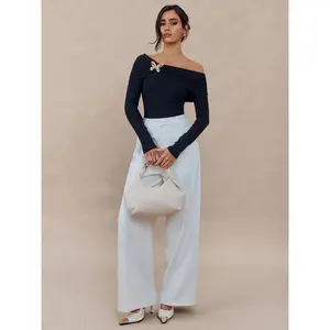 Women's Long Sleeve Off-Shoulder Polyester Bodysuit - Soft, Feminine, Breathable, Metallic, Stretchy Chic Smooth Fabric, Butterfly Brooch Decor, Elegant Slim-Fit Ruched Lady Statement Clothes for Party, Office，Cold Shoulder Tops