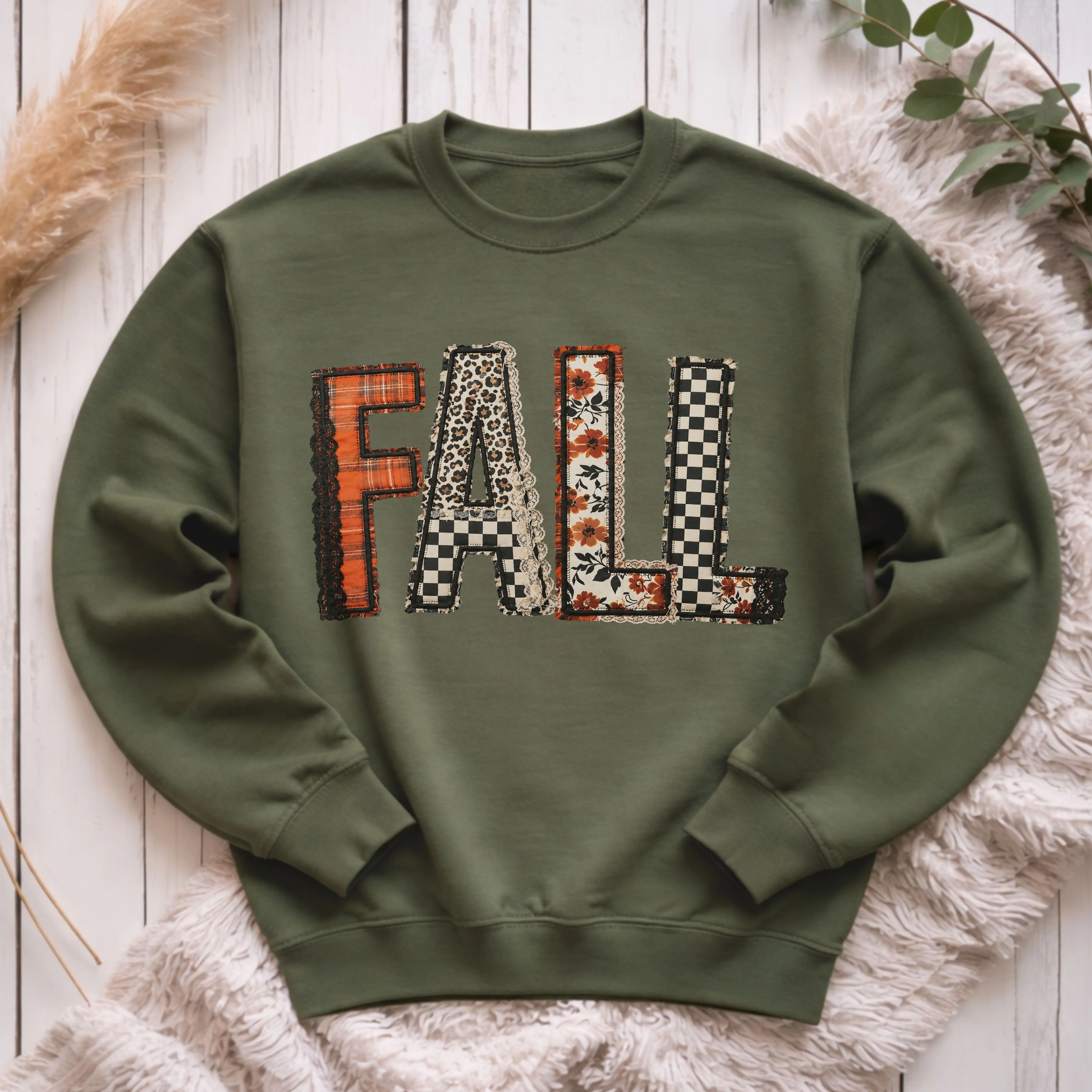 FALL DTG Printed Patchwork graphic Crewneck sweatshirt | Autumn Letters, Rustic Patchwork DTG Printed Crewneck Sweater