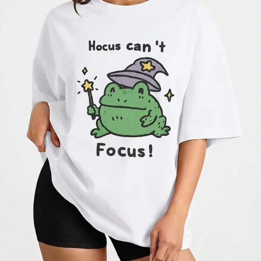 Women's Oversized Casual Original Print T-Shirt, Funny Hocus Can't Focus ADHD Humor Wizard Frog Meme Gift, Soft Fabric Plus Size S-6XL_KT0145, Tshirt
