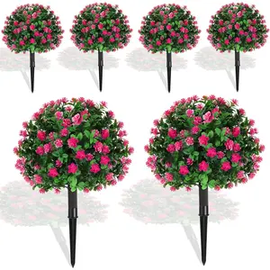 Set of 6 16 Inch Artificial Boxwood Topiary Ball Tree with Pink Flower Fake Bushes UV Resistant Faux Evergreen Shrubs Plant with Spike for Front Porch Indoor Outdoor Decor
