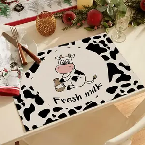 Cartoon Cow Fresh Milk Themed Placemat, Creative Cow Print Edge Design Table Mat, Oil-proof Stain-resistant Heat-insulating Pad for Home Restaurant Dining Table Decoration, Perfect for Breakfast Aft