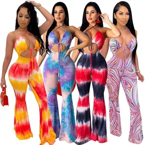 Women's spaghetti strap tie dye printed hollow corset flared pants club party jumpsuit jumpsuitRAIMENTRY