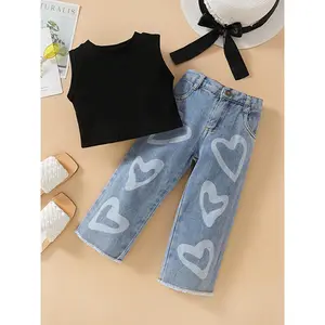 1-6 Years Kids Baby Girls Clothes Suits Solid Color Ribbed Sleeveless Tank Tops and Heart Print Jeans Denim Pants 2pcs Suit